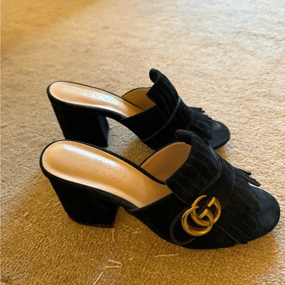 Gucci Black Suede Fringe Block Heel Mules with Gold GG - Picture 2 of 4